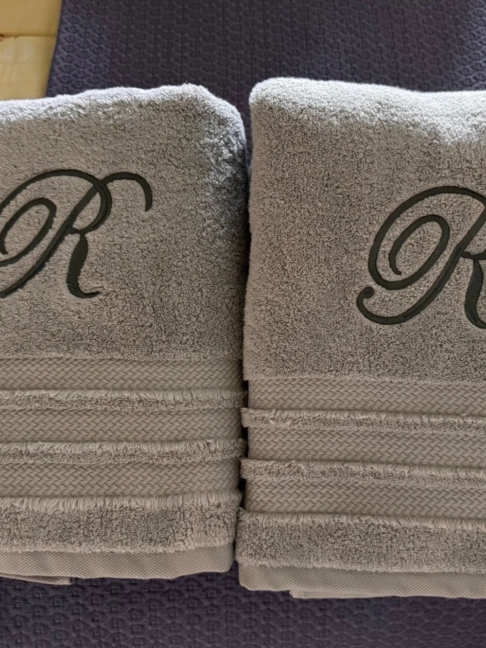 Monogrammed Luxury Spa Gray Bath Towel Set with 'R' in gray Embroidery